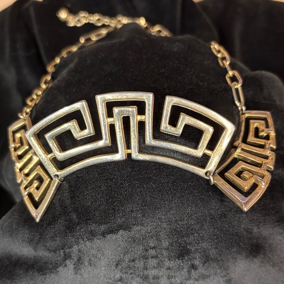 Geometric Gold Necklace, adjustable choker style, Egyptian, Maze Design - Picture 3 of 6